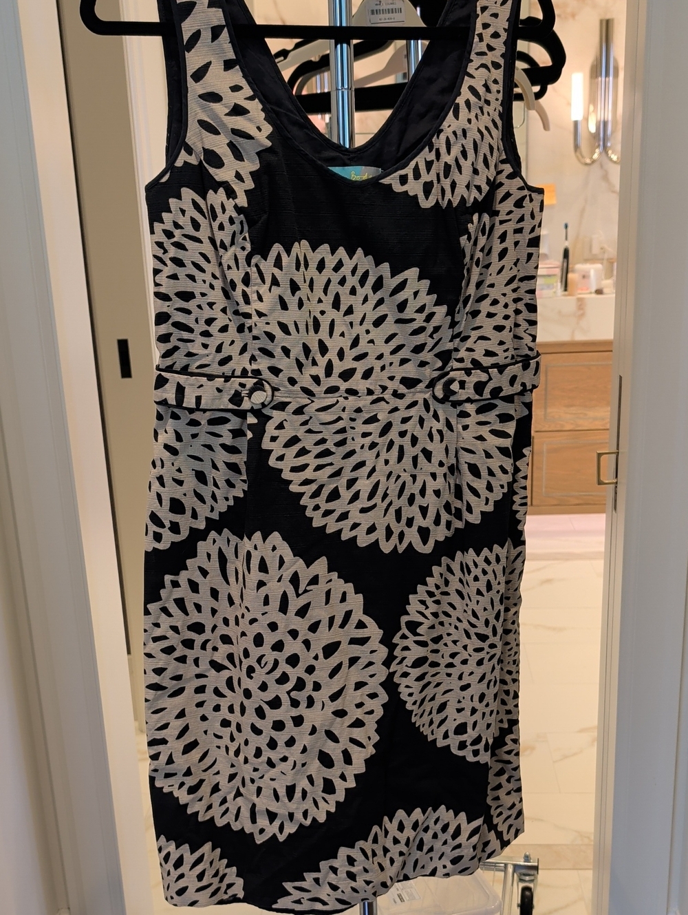 Sleeveless Black Dress with Cream Floral Medallion Print